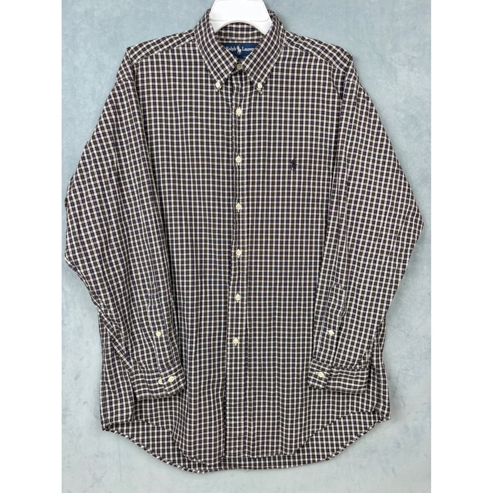 Ralph Lauren Yarmouth Mens 16 32/33 Plaid Button Down Shirt Purple Green Cotton